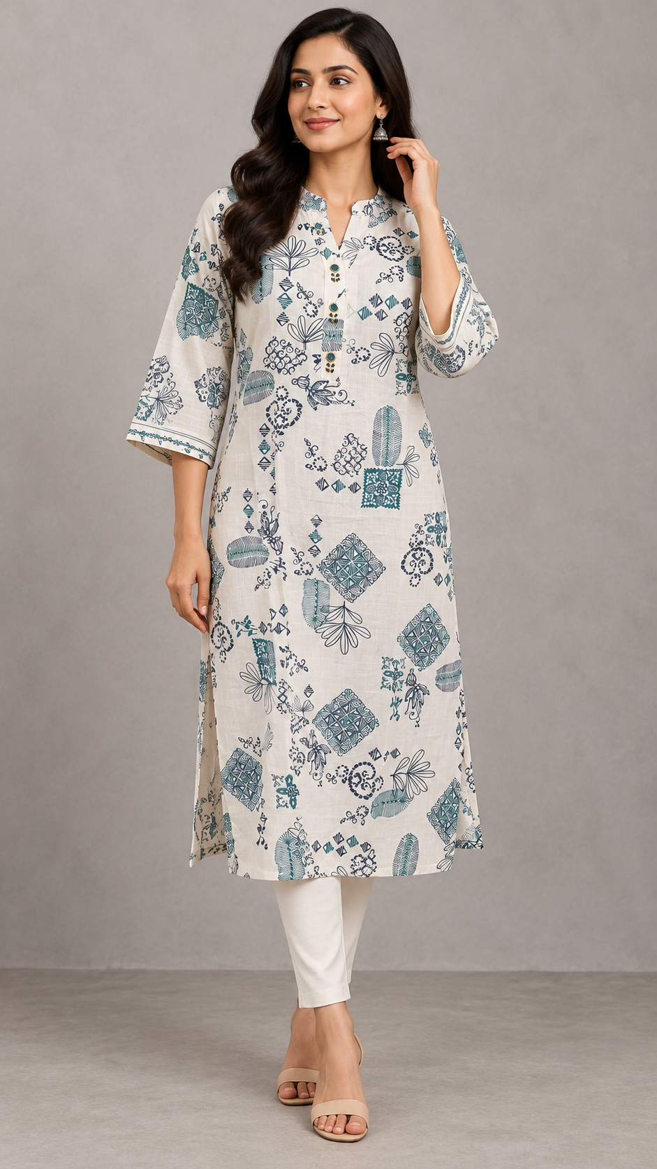 PINKI DAS Off-White & Blue Printed Viscose Blend Kurti front view