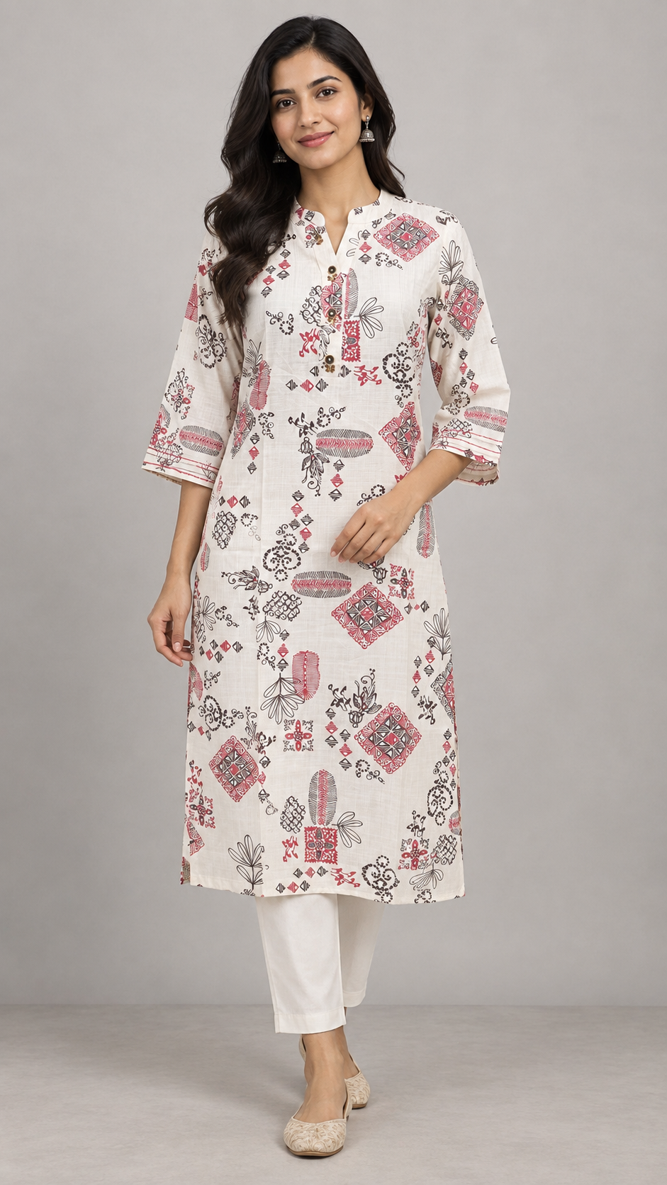PINKI DAS Off-White & Pink Printed Viscose Blend Kurti front view