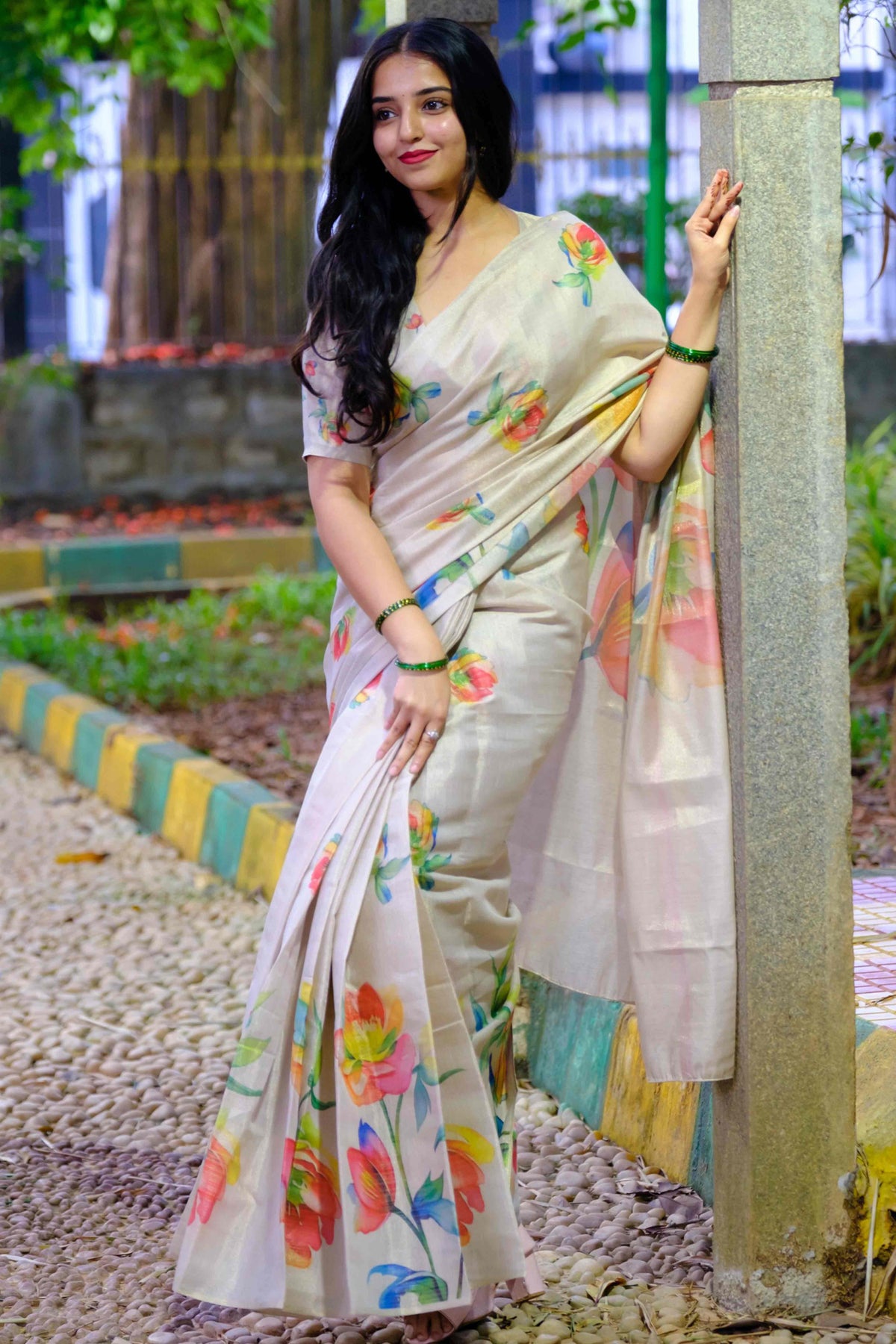 PINKI DAS Beige Floral Printed Art Silk Saree front view