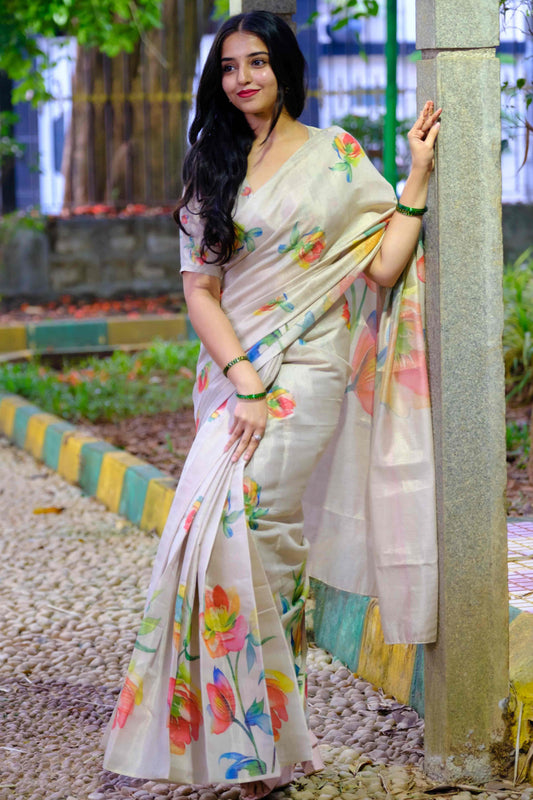 PINKI DAS Beige Floral Printed Art Silk Saree front view