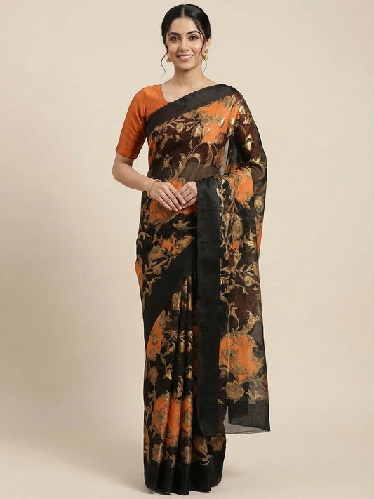 PINKI DAS Black & Orange Foil Printed Brasso Saree front view