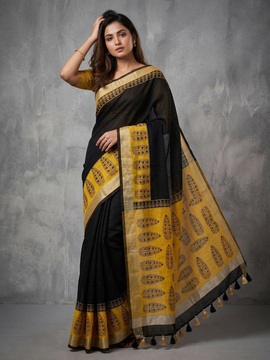 PINKI DAS Black & Yellow Floral Linen Cotton Saree front view