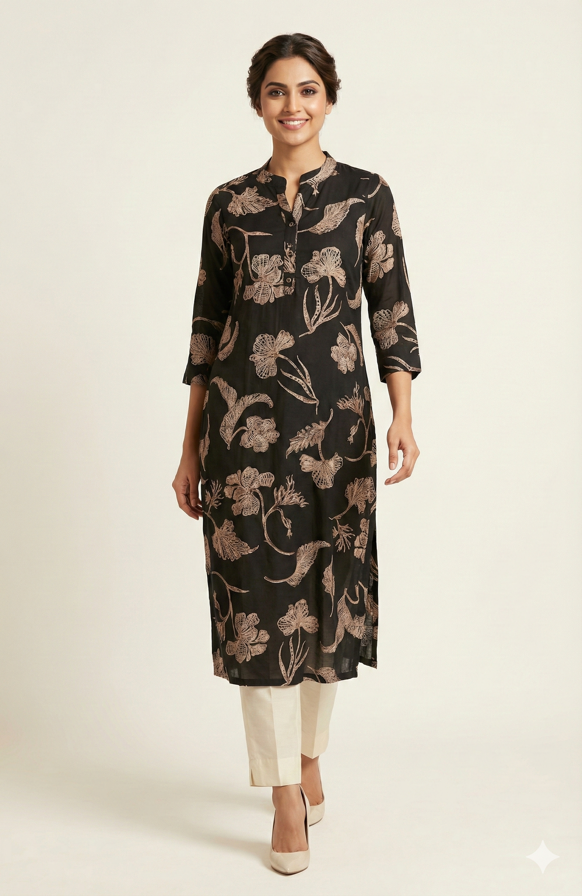 PINKI DAS Black Floral Printed Viscose Straight Kurti front view