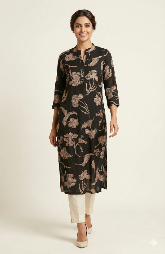 PINKI DAS Black Floral Printed Viscose Straight Kurti front view
