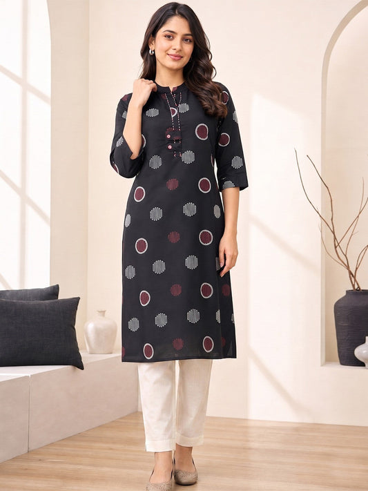PINKI DAS Black Geometric Printed Cotton Kurti front view