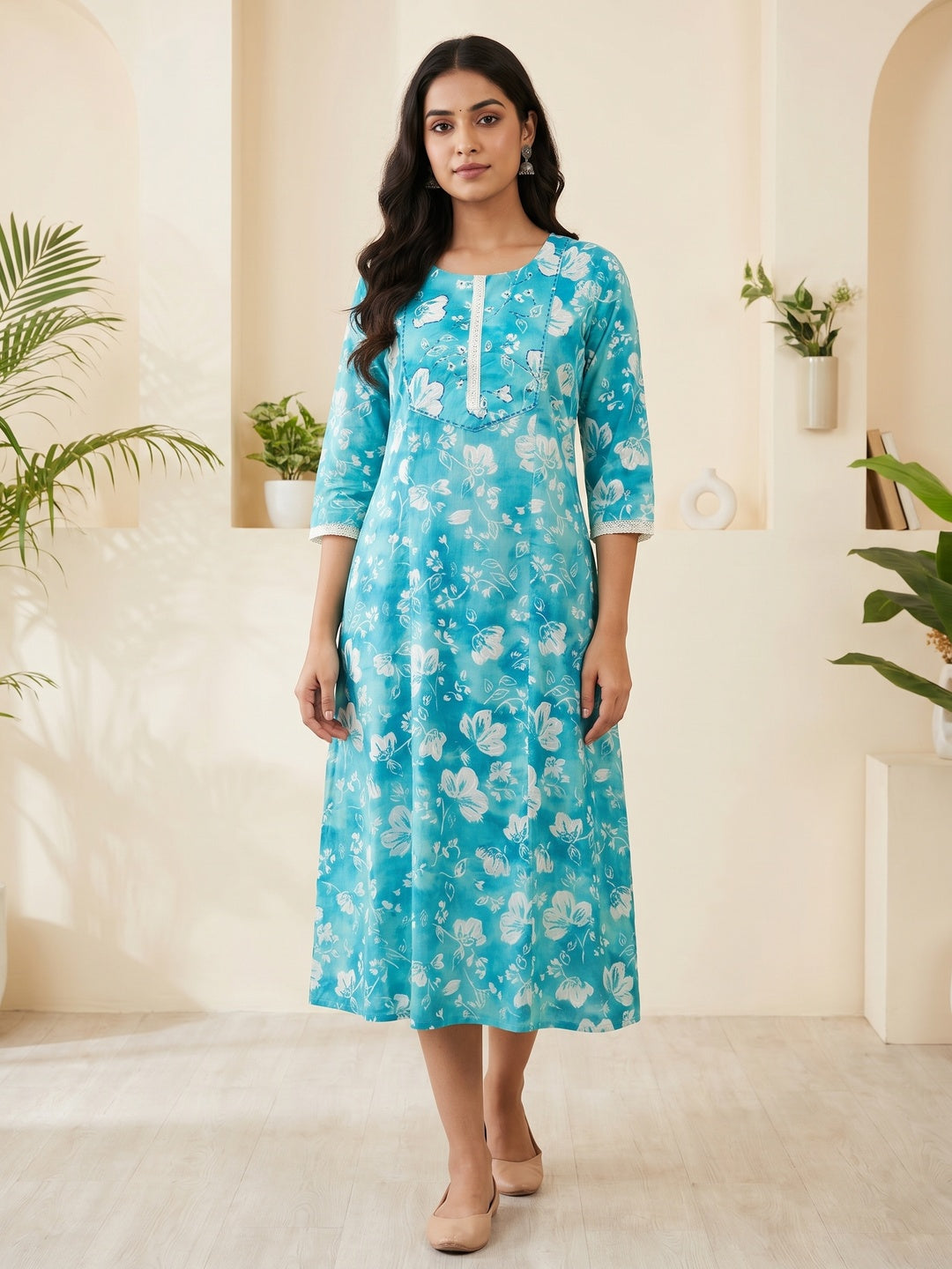 PINKI DAS Blue Floral Cotton A-Line Kurti front view