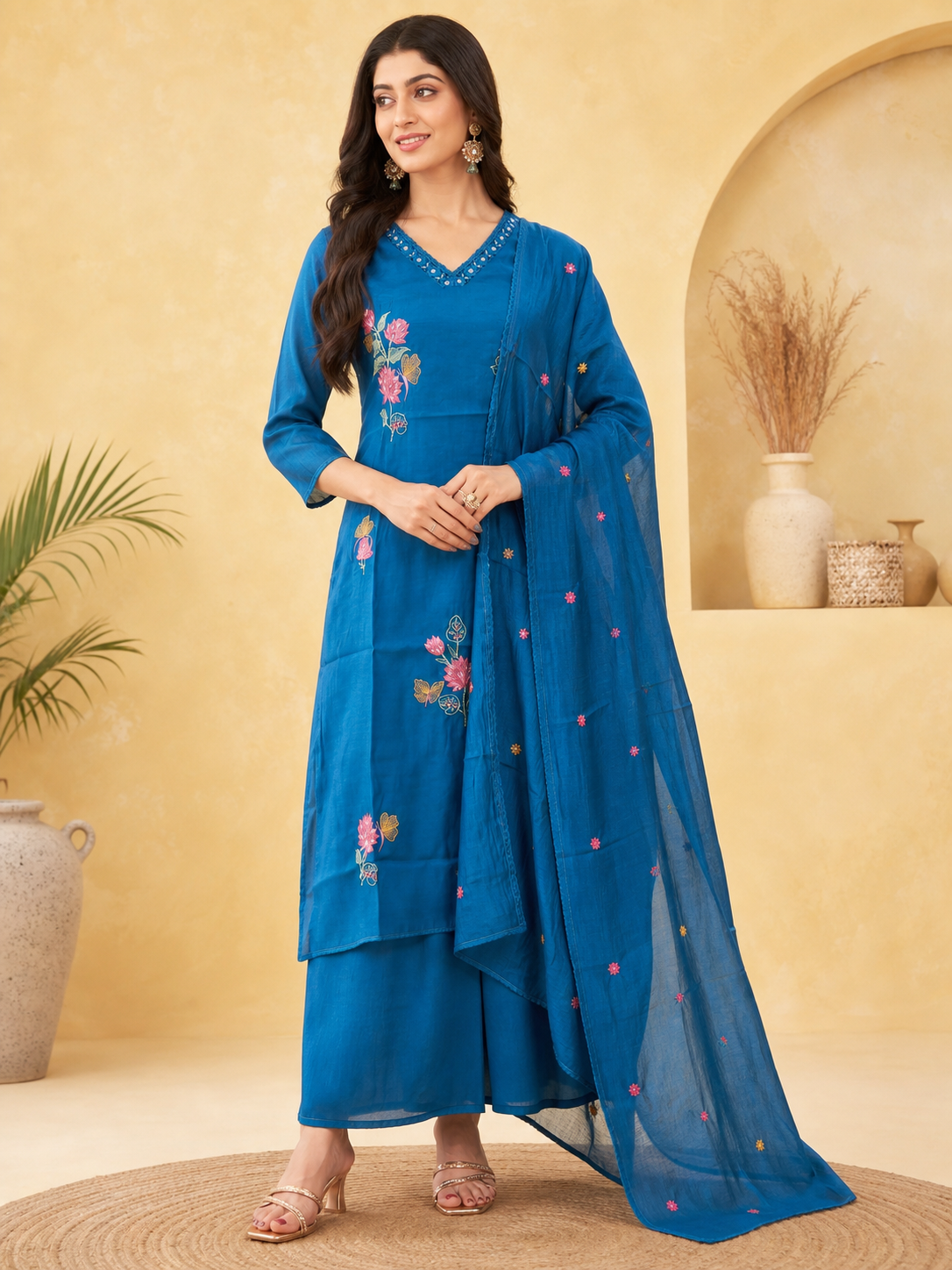 PINKI DAS Blue Floral Embroidered Chanderi Suit front view