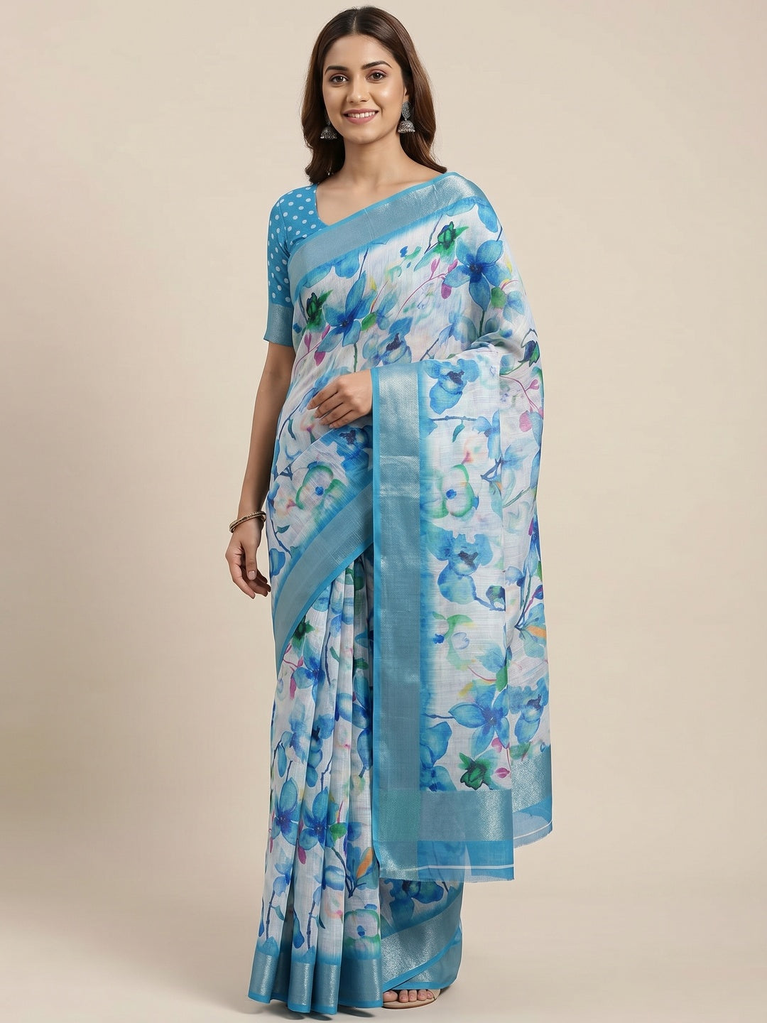 PINKI DAS Blue Floral Printed Linen Saree front view