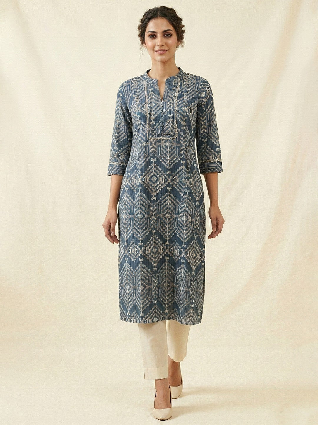 PINKI DAS Blue Geometric Printed Cotton Kurti front view