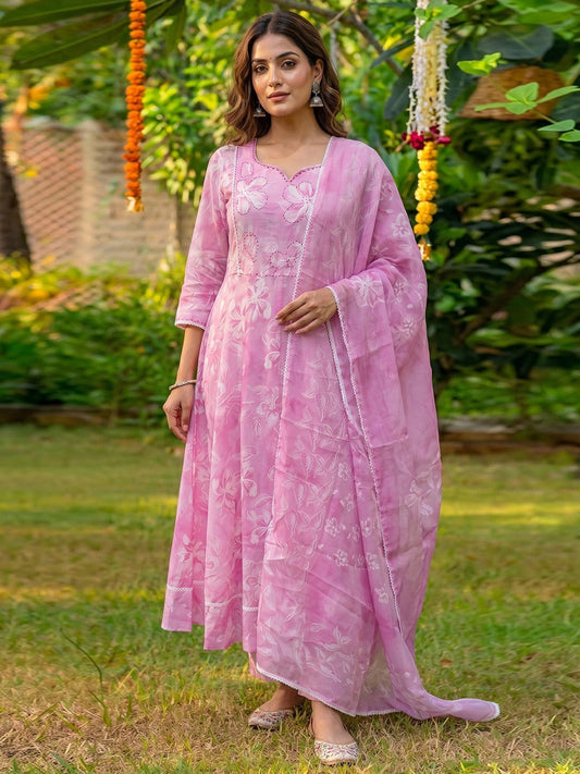 PINKI DAS Blush Pink Floral Cotton A-Line Suit front view