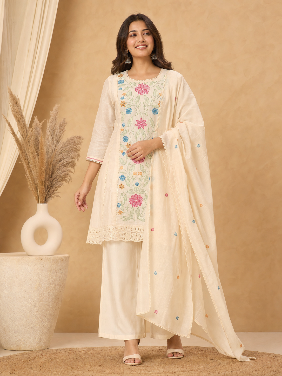 PINKI DAS Cream Floral Embroidered Chanderi Suit front view