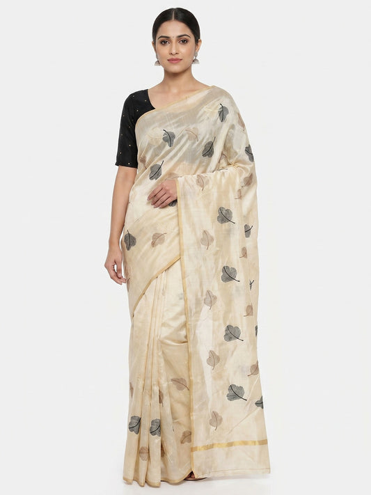 PINKI DAS Cream Thread Embroidered Assam Silk Saree front view