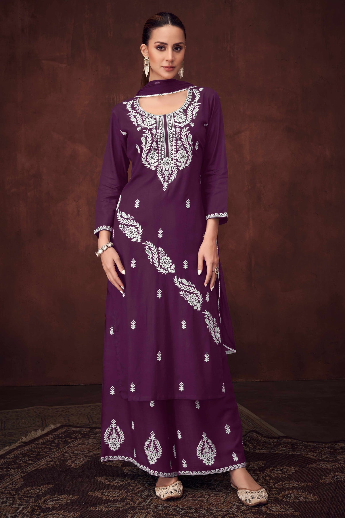 PINKI DAS Deep Purple Floral Embroidered Rayon Suit front view