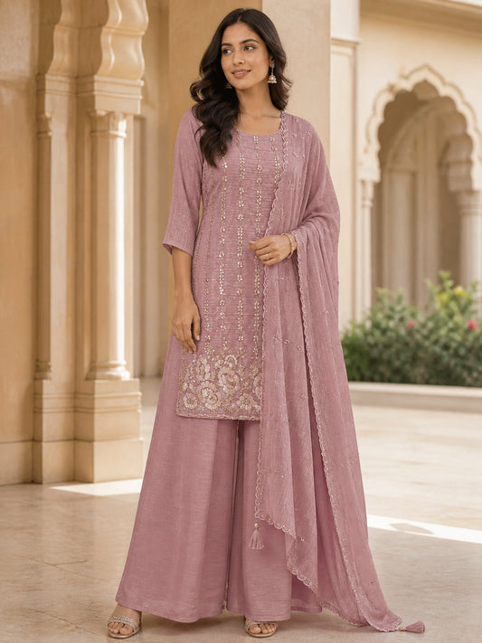 PINKI DAS Dusty Pink Embellished Silk Blend Palazzo Suit front view