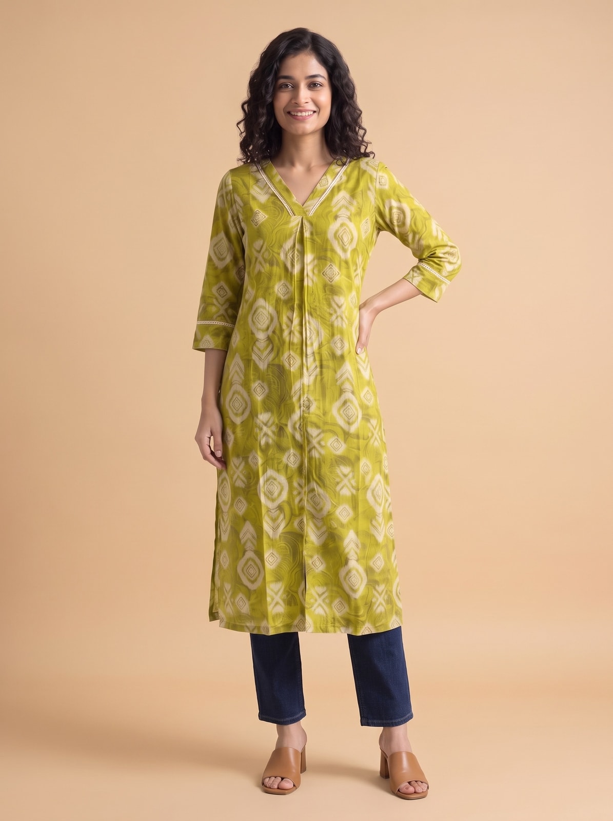 PINKI DAS Green Geometric Printed Viscose Blend Kurti front view
