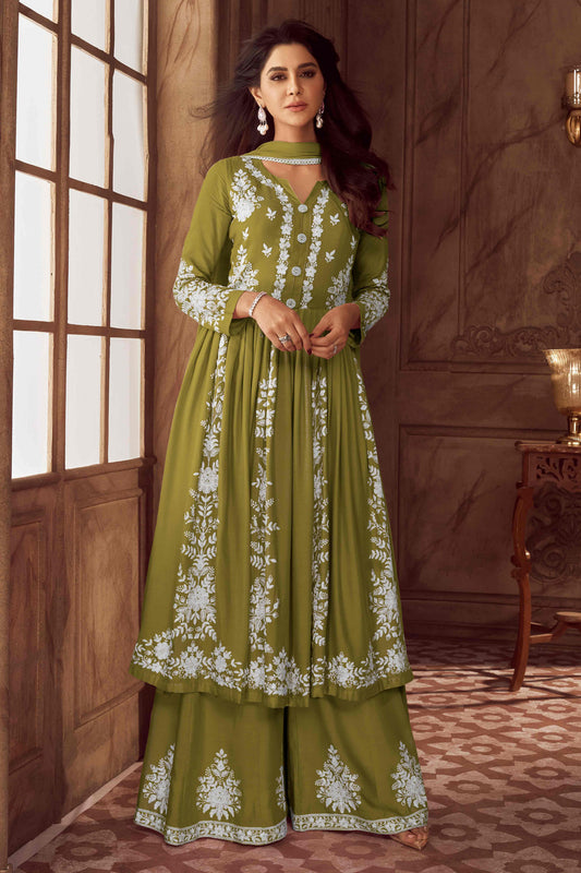 PINKI DAS Green Lucknowi Embroidered Rayon Palazzo Suit front view
