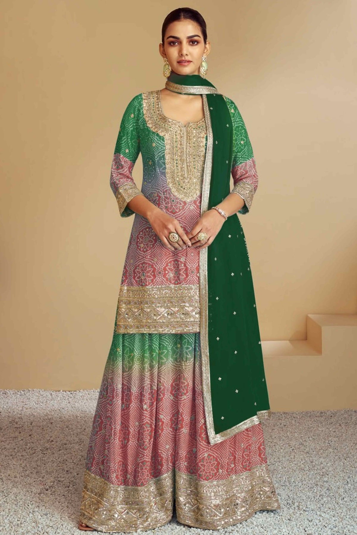 PINKI DAS Green Sequins Embroidered Chinon Palazzo Suit front view