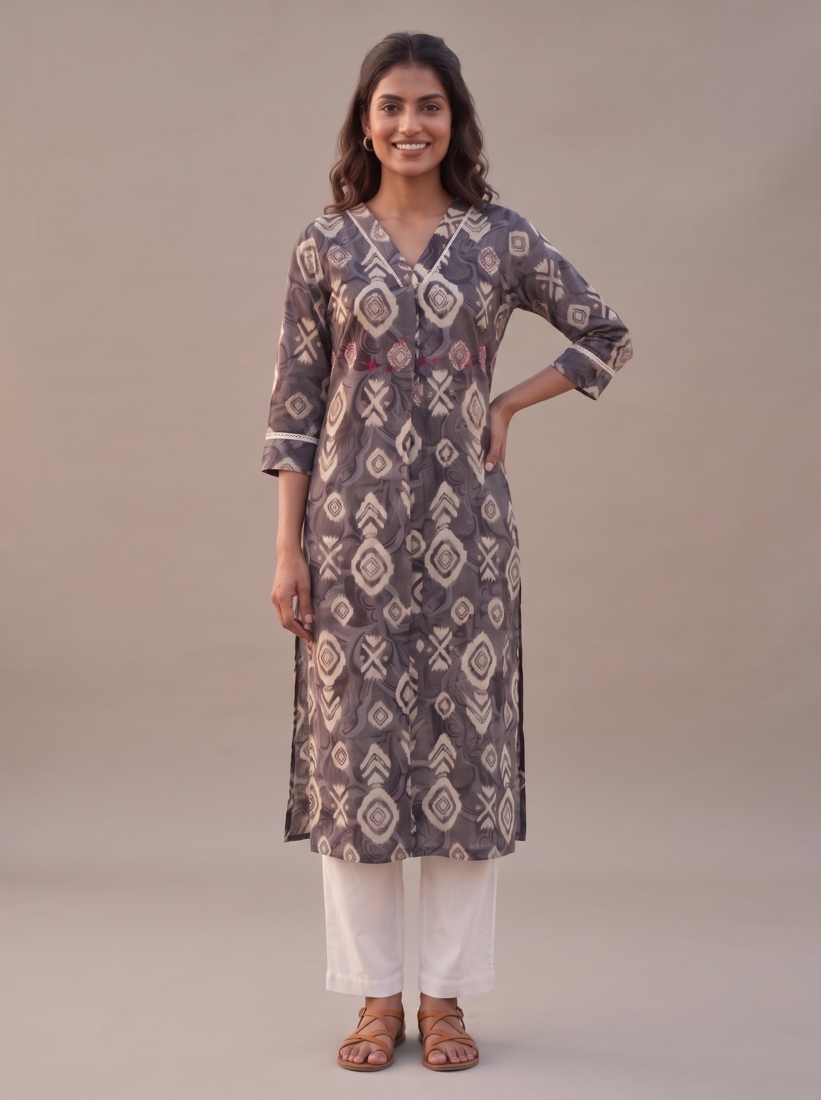 PINKI DAS Grey Geometric Printed Viscose Blend Kurti front view