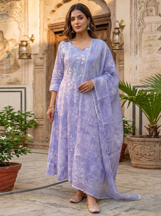 PINKI DAS Lavender Floral Cotton A-Line Suit front view