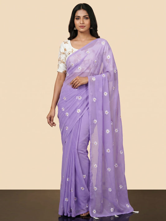 PINKI DAS Lavender Floral Embroidered Georgette Saree front view