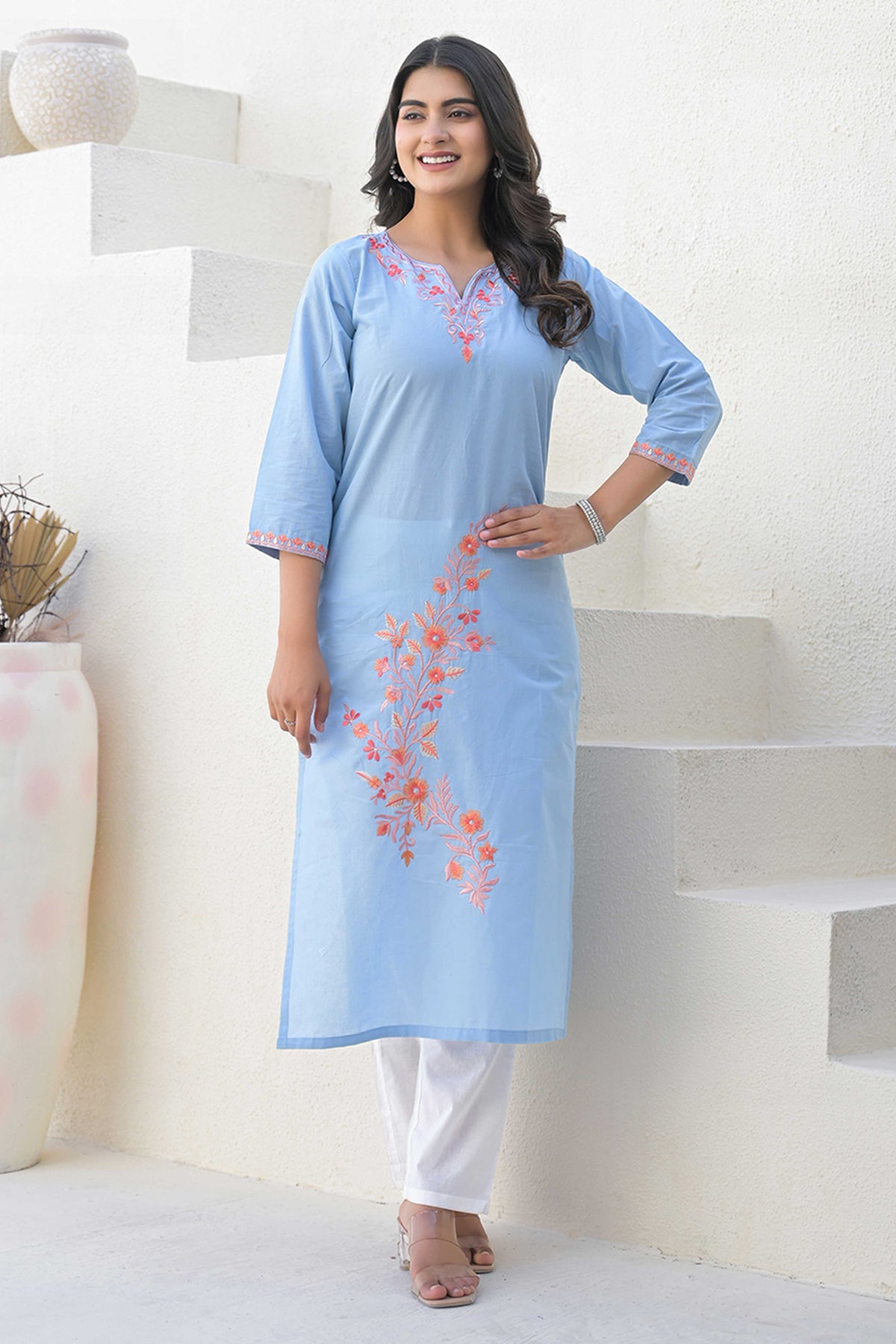 PINKI DAS Light Blue Floral Embroidered Cotton Kurti front view