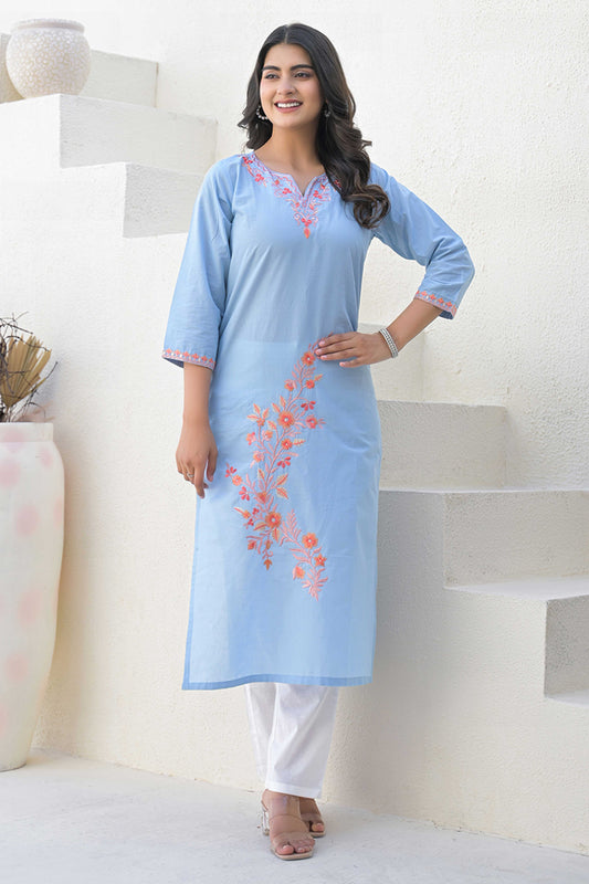 PINKI DAS Light Blue Floral Embroidered Cotton Kurti front view