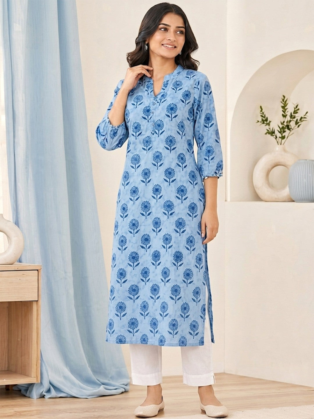 PINKI DAS Light Blue Floral Printed Cotton Kurti front view