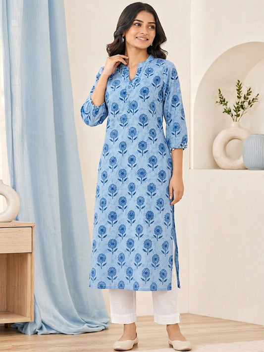 PINKI DAS Light Blue Floral Printed Cotton Kurti front view