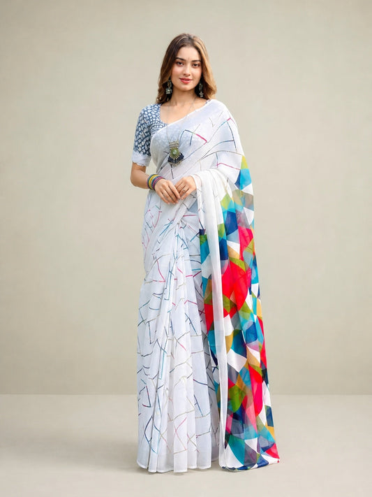 PINKI DAS Light Blue Geometric Printed Linen Saree front view
