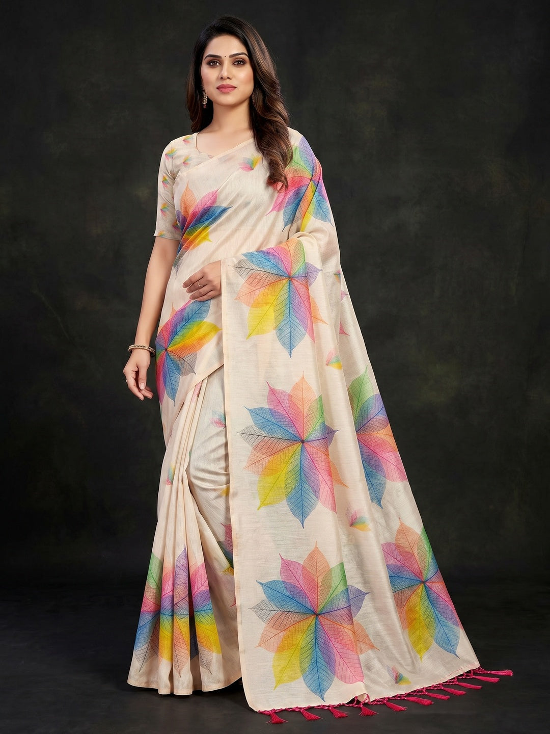 PINKI DAS Light Chikoo Floral Art Silk Saree front view