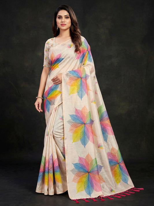 PINKI DAS Light Chikoo Floral Art Silk Saree front view