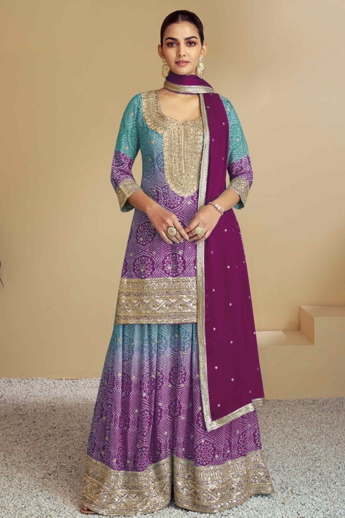 PINKI DAS Magenta Sequins Embroidered Chinon Palazzo Suit front view