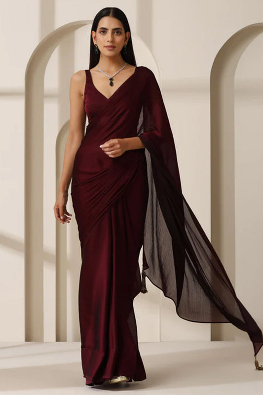 PINKI DAS Maroon Solid Silk Blend Saree front view