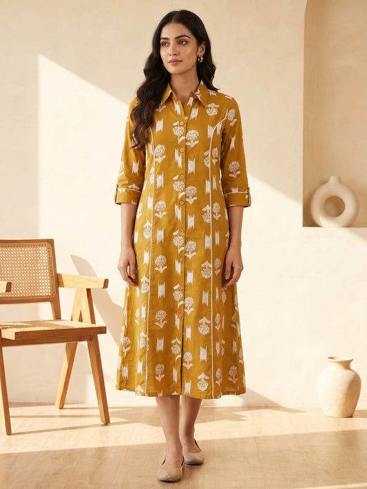 PINKI DAS Mustard Abstract Printed Cotton Kurti front view