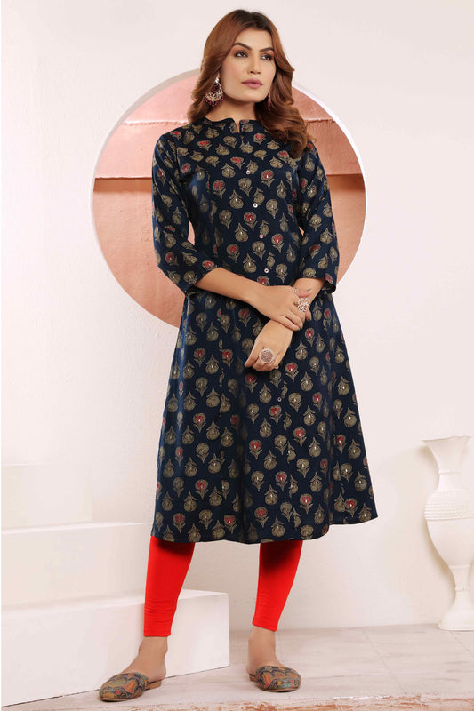 PINKI DAS Navy Floral Foil Printed Muslin Viscose Kurti front view
