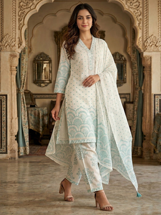 PINKI DAS Off-White & Blue Printed Cotton Suit front view