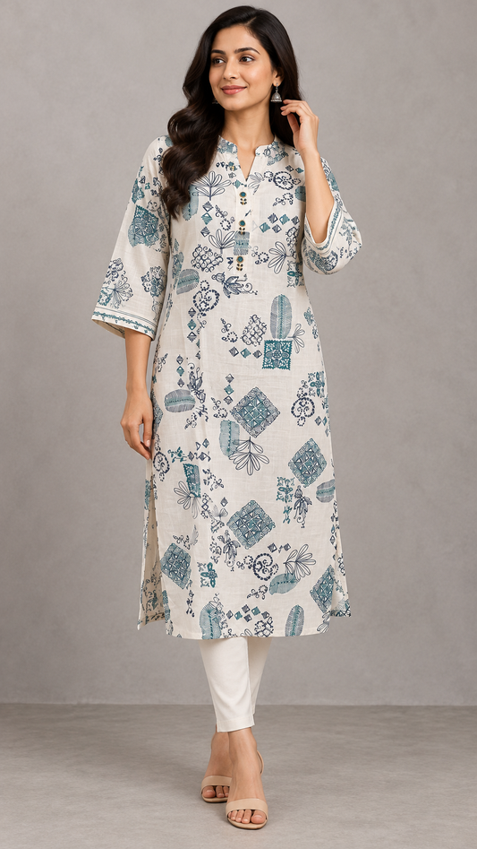 PINKI DAS Off-White & Blue Printed Viscose Blend Kurti front view