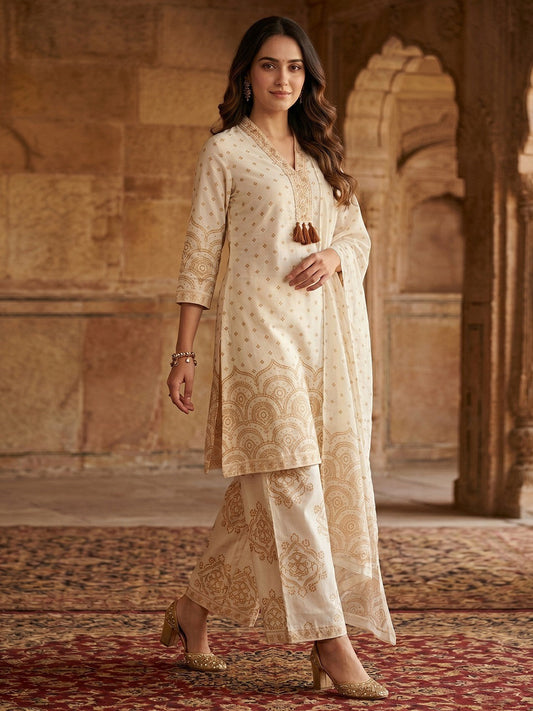 PINKI DAS Off-White & Rust Printed Cotton Suit front view
