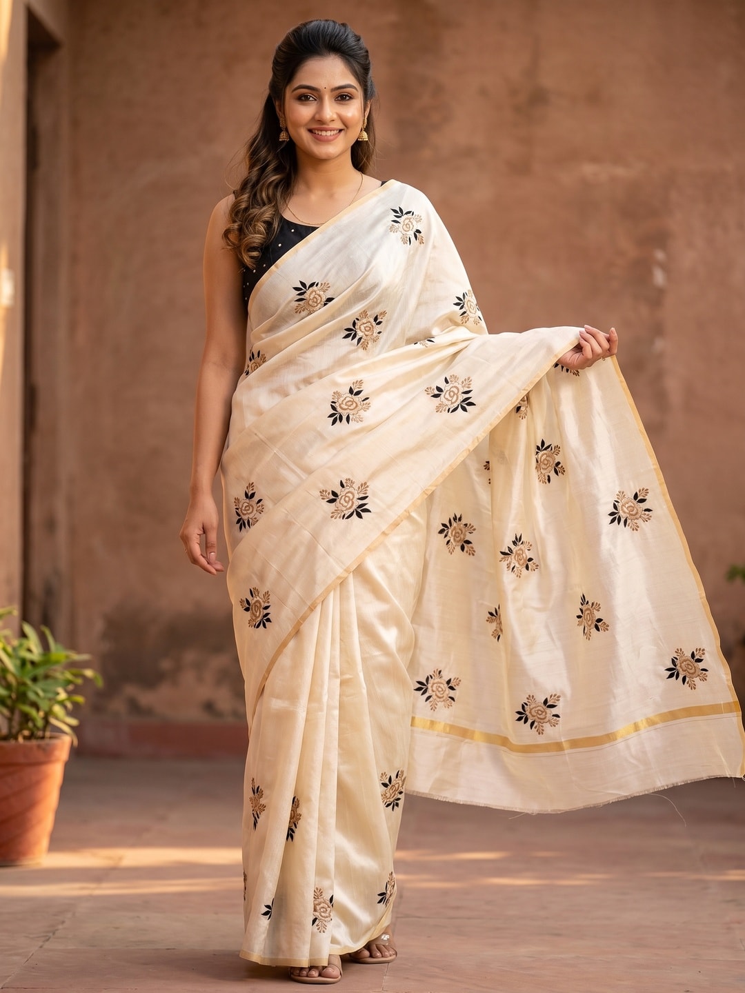 PINKI DAS Off-White Floral Embroidered Art Silk Saree front view