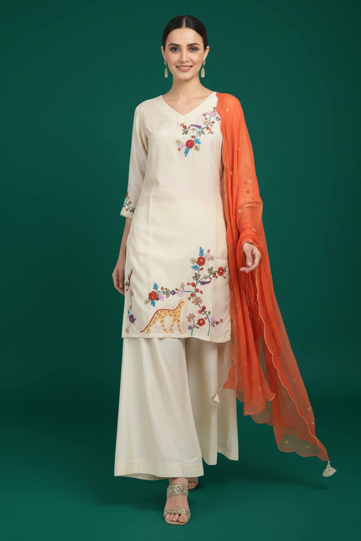 PINKI DAS Off-White Floral Embroidered Viscose Palazzo Suit front view