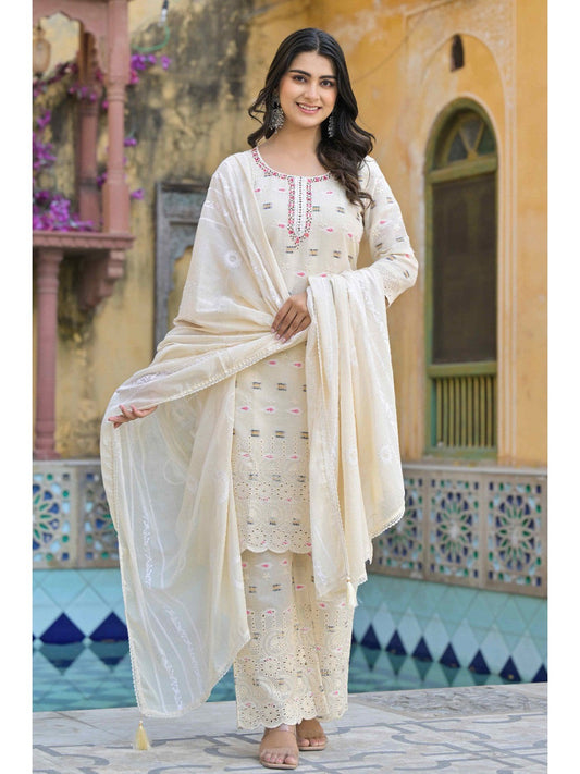 PINKI DAS Off-White Schiffli Embroidered Cotton Suit front view
