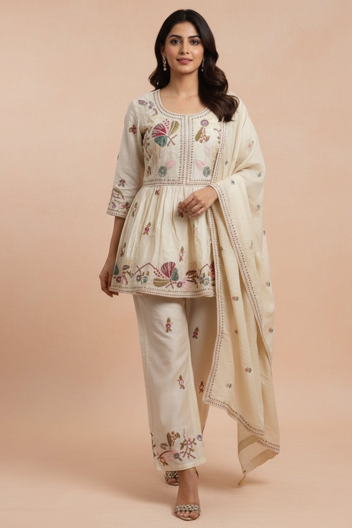 PINKI DAS Off-White Thread & Bead Embroidered Viscose Tissue Suit front view