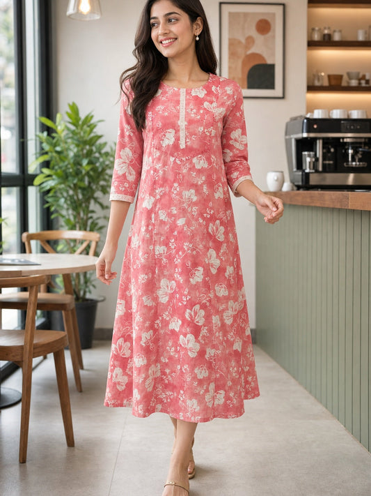 PINKI DAS Pink Floral Cotton A-Line Kurti front view