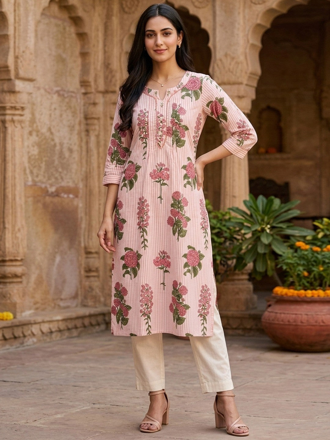 PINKI DAS Pink Floral Cotton Straight Kurti front view