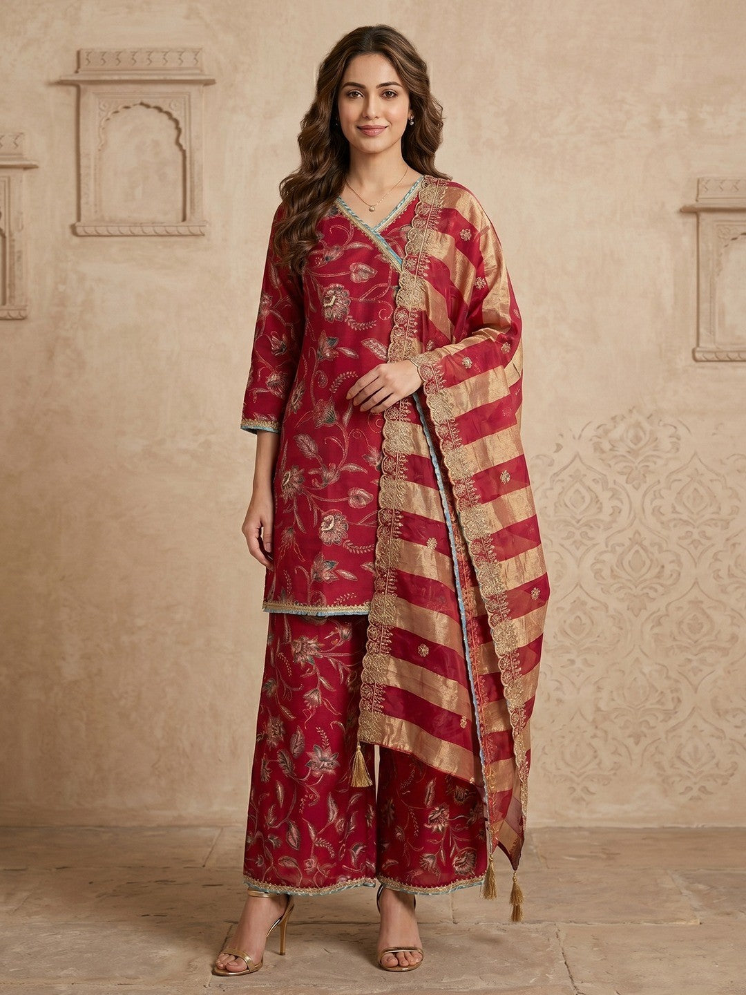 PINKI DAS Pink Floral Printed Muslin Palazzo Suit front view