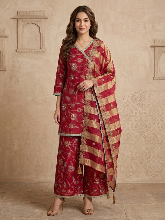 PINKI DAS Pink Floral Printed Muslin Palazzo Suit front view
