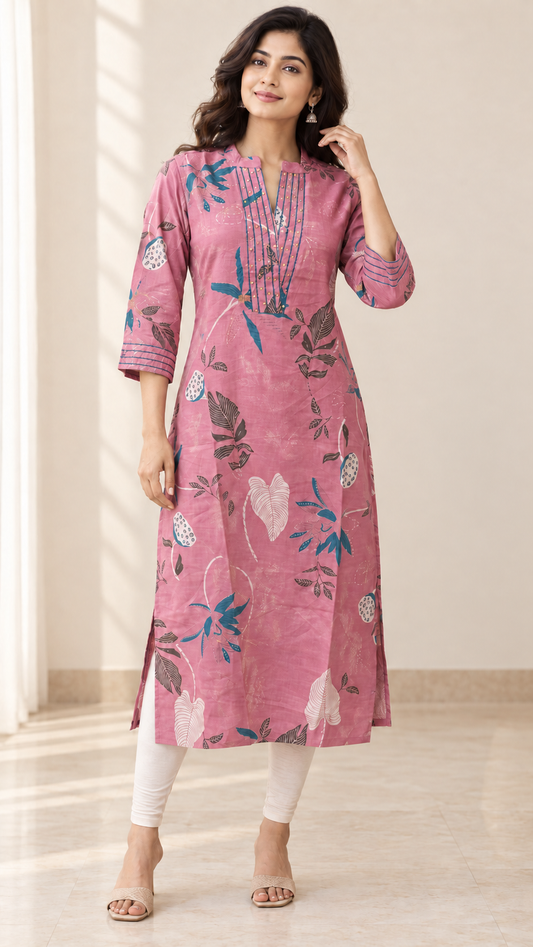 PINKI DAS Pink Floral Printed Viscose Blend Kurti front view