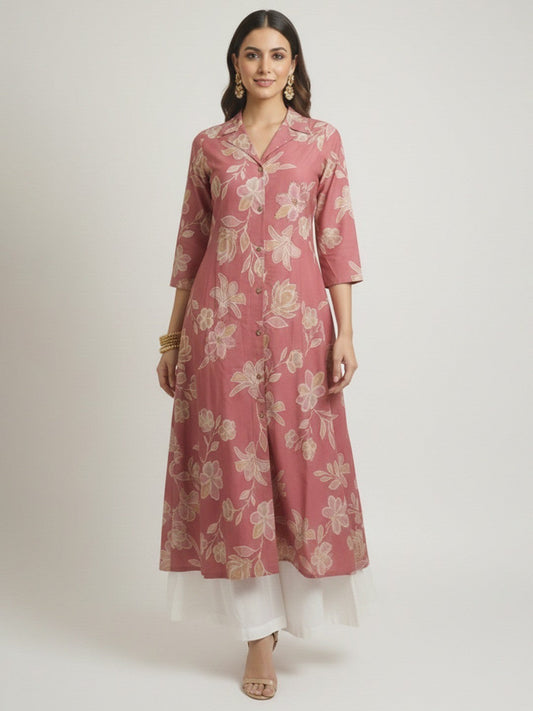PINKI DAS Pink Floral Printed Viscose Collar Kurti front view