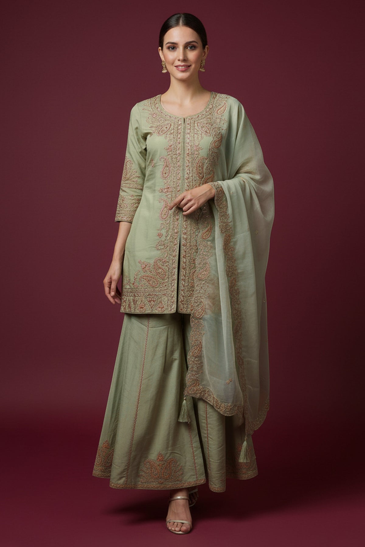 PINKI DAS Pista Green Embroidered Chanderi Silk Suit front view
