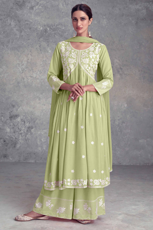 PINKI DAS Pista Green Floral Embroidered Rayon Suit front view